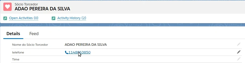Detalhes de um registro no Salesforce com o campo telefone exibido como link clicável