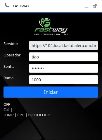 Softphone da Fastway na barra do Salesforce, na tela de entrada com servidor, operador, senha e ramal