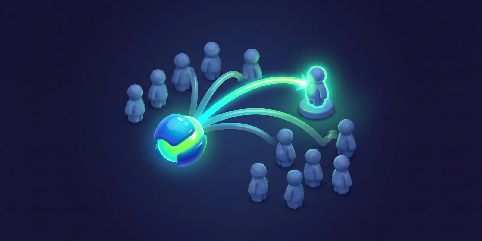 Ilustração de uma central disparando vários feixes de luz para um grupo de bonecos, com apenas um feixe verde chegando ao boneco destacado sobre um pedestal