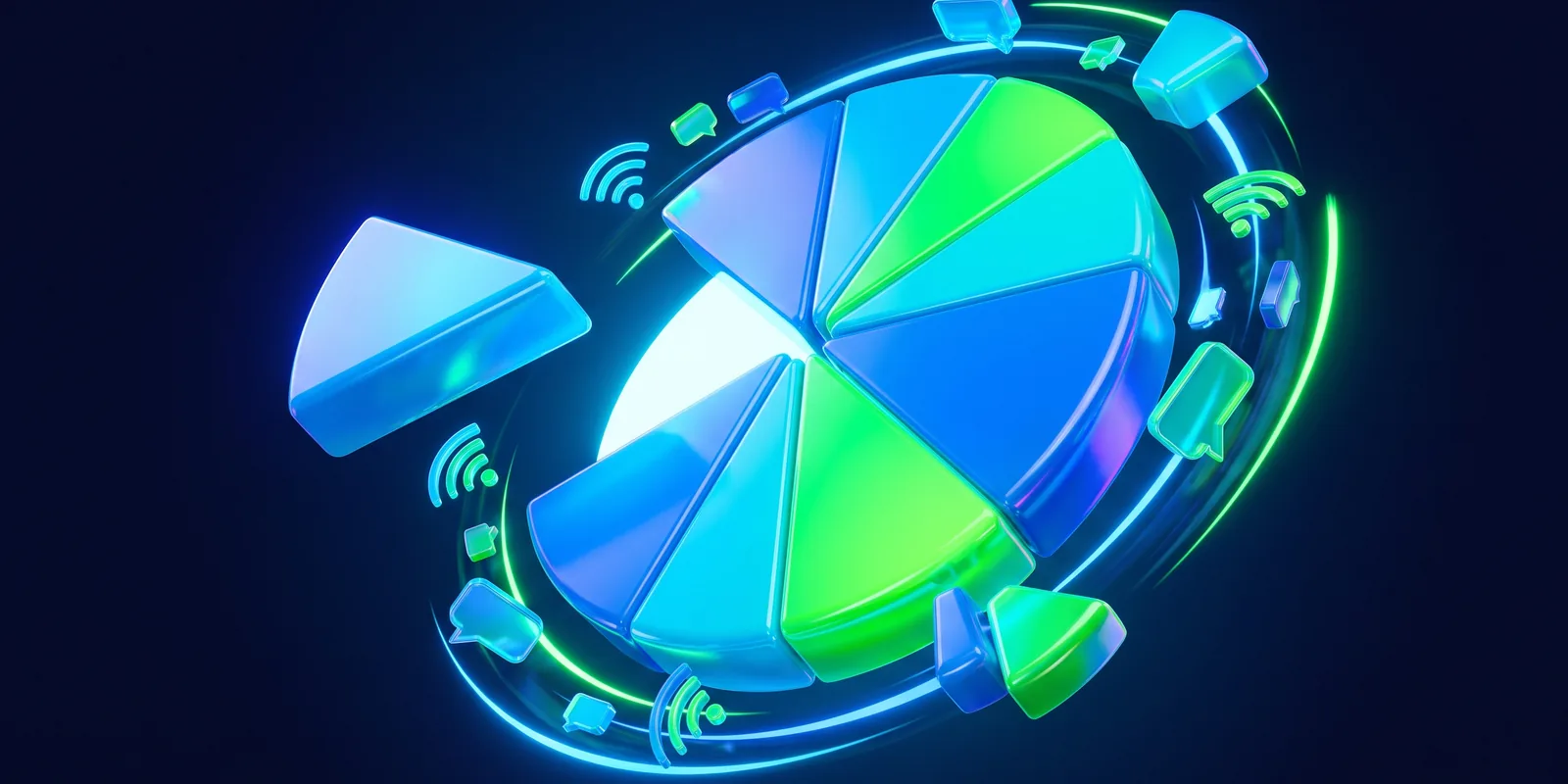Disco 3D em fatias azuis e verdes com uma fatia solta se afastando, cercado por balões de chat e sinais de conexão que giram para preencher o espaço vazio
