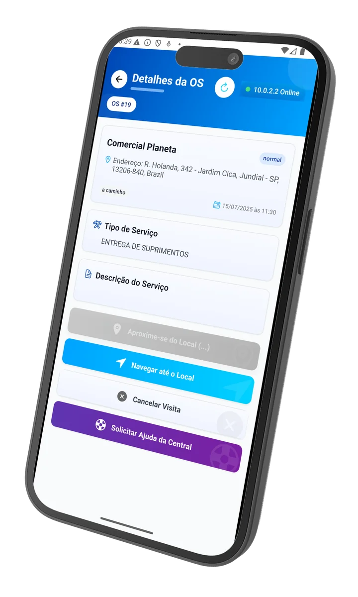 Tela de detalhes da ordem de serviço no aplicativo Fastway FSM, com o nome do estabelecimento, endereço, data, tipo de serviço e botões para navegar até o local e solicitar ajuda da central