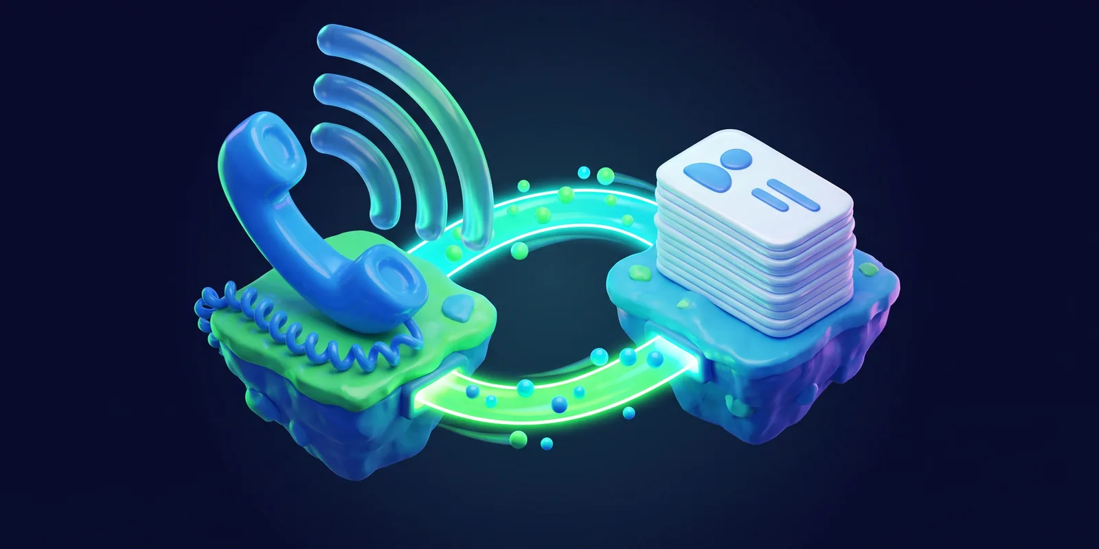 Ilustração de um telefone e uma pilha de fichas de clientes em duas ilhas ligadas por pontes de luz, com dados circulando nos dois sentidos