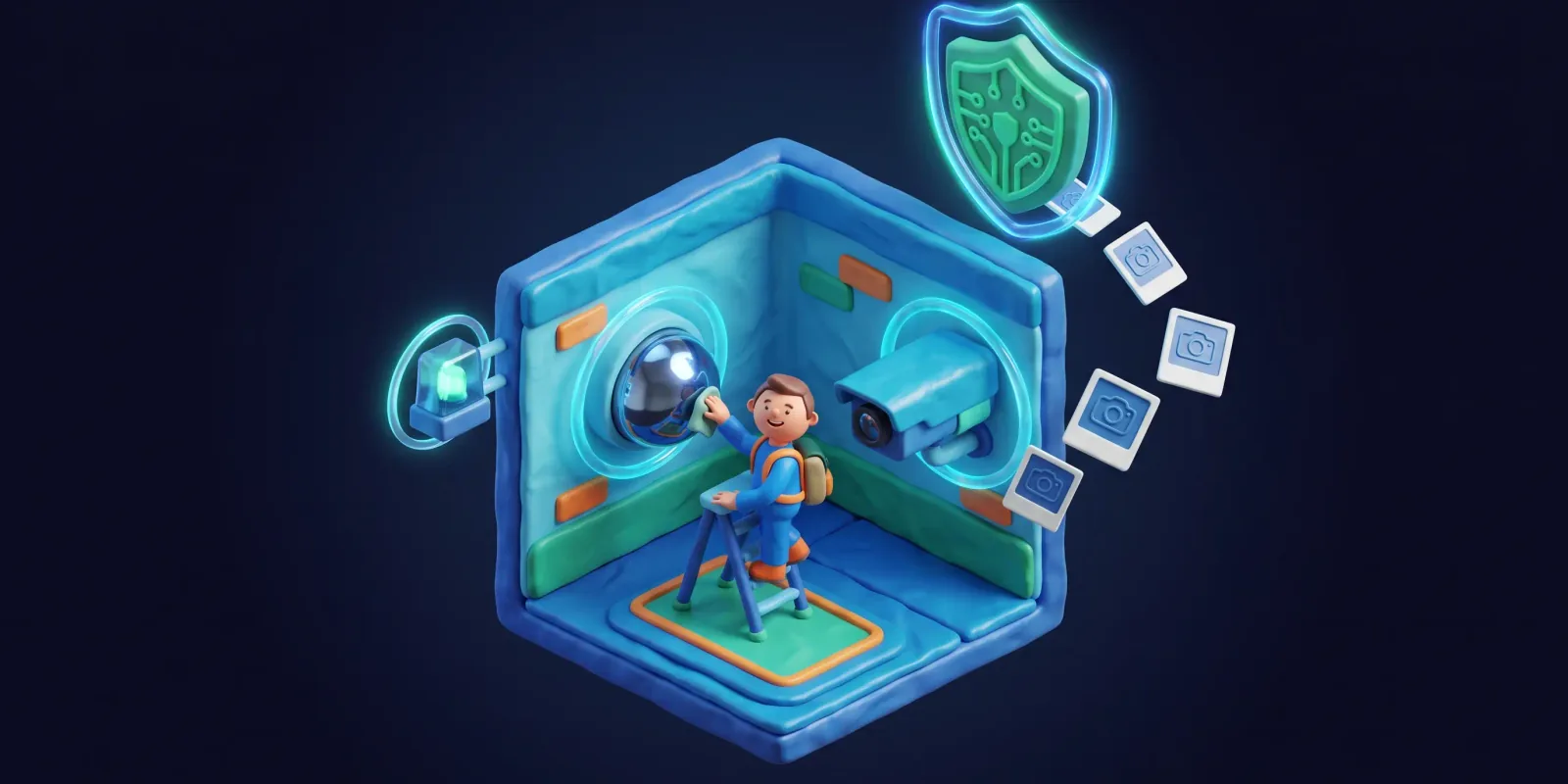 Ilustração 3D em massinha de um técnico sobre uma escada limpando a lente de uma câmera dome, ao lado de uma câmera bullet e de uma sirene, com fotos flutuando em direção a um escudo verde