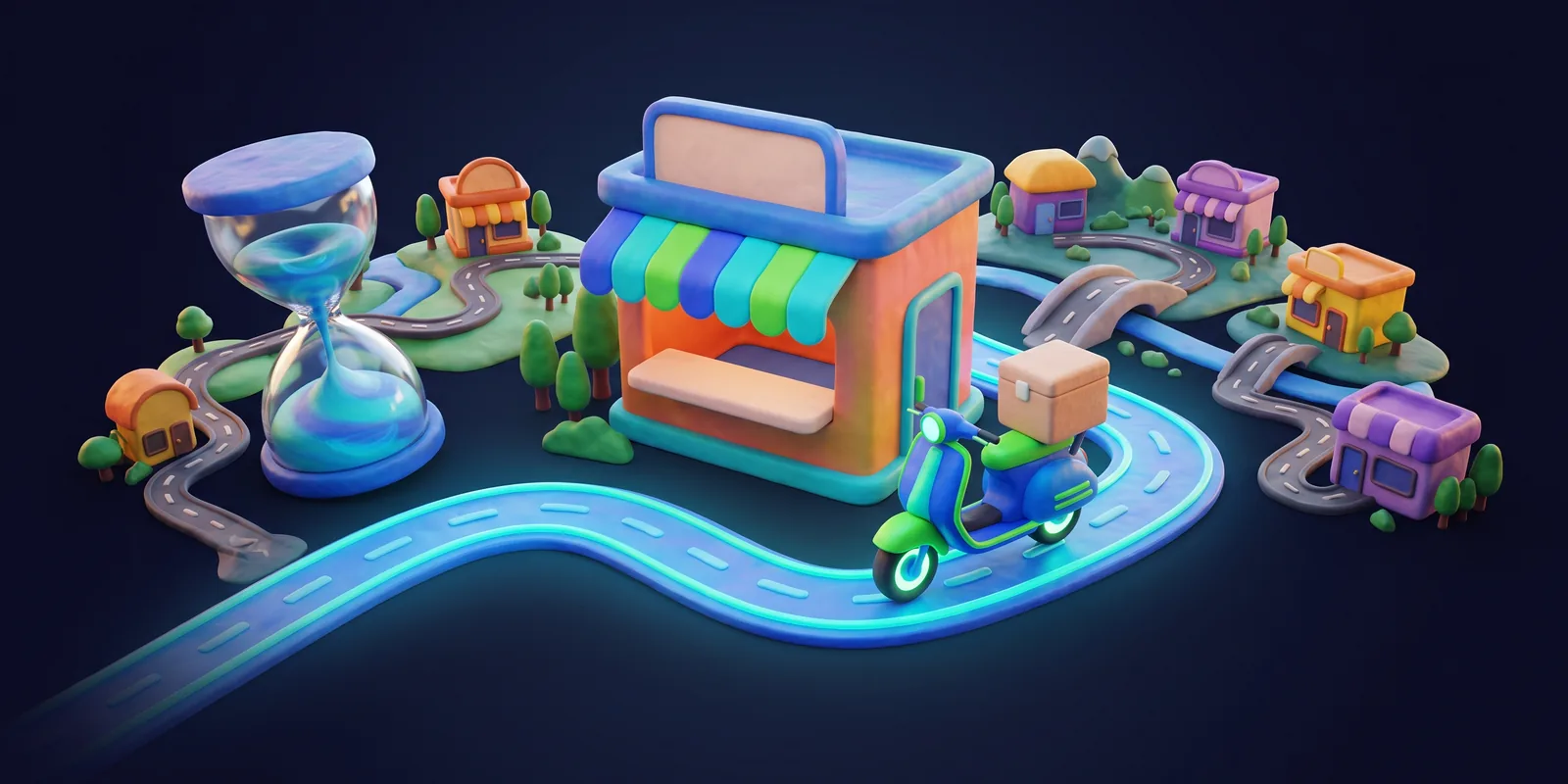 Ilustração em massinha de uma lojinha com o balcão vazio, uma scooter levando uma caixa por uma estrada luminosa e uma ampulheta grande ao lado, com outras lojas espalhadas por um mapa em miniatura