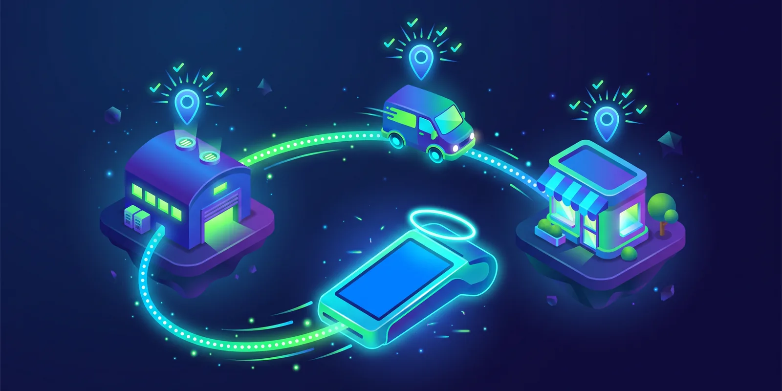 Ilustração isométrica de uma maquininha de cartão percorrendo uma trilha luminosa em circuito fechado entre um depósito, uma van de entrega e uma loja, com marcadores de localização em cada parada