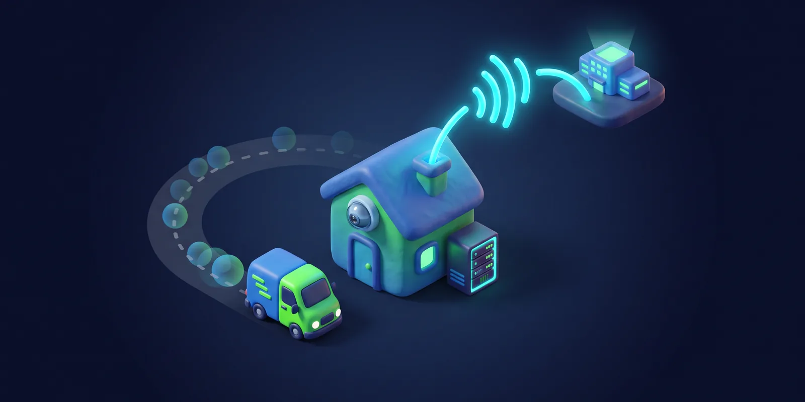 Ilustração 3D de uma casa com câmera de segurança e rack de equipamentos, uma van de serviço na porta, um feixe de ondas ligando a casa a uma central e uma estrada pontilhada que se apaga ao dar a volta até a mesma casa